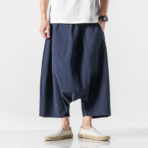 Men’s Loose Fit Harem Pants – Cotton Linen Wide Leg Trousers - Harem Pants Men