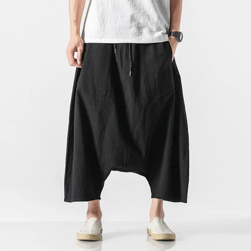 Men’s Loose Fit Harem Pants – Cotton Linen Wide Leg Trousers - Harem Pants Men