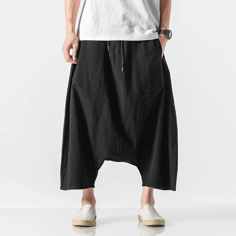 Men’s Loose Fit Harem Pants – Cotton Linen Wide Leg Trousers - Harem Pants Men