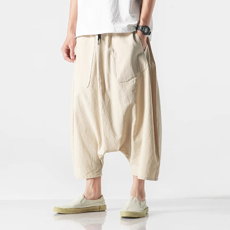 Men’s Loose Fit Harem Pants – Cotton Linen Wide Leg Trousers - Harem Pants Men