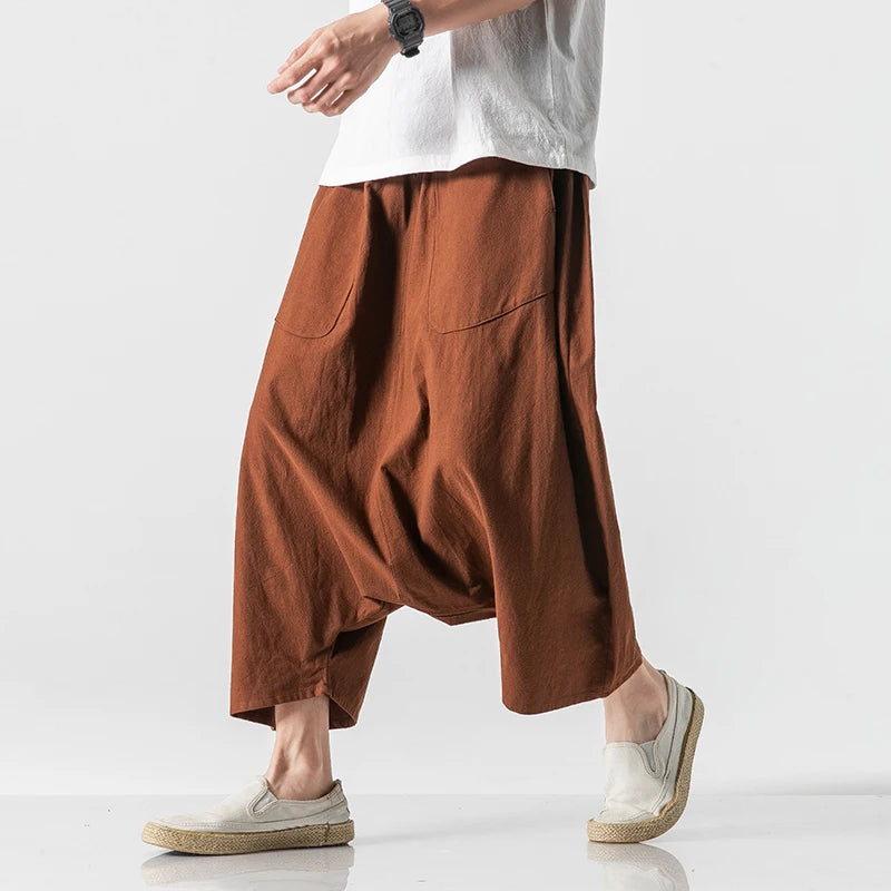 Men’s Loose Fit Harem Pants – Cotton Linen Wide Leg Trousers - Harem Pants Men