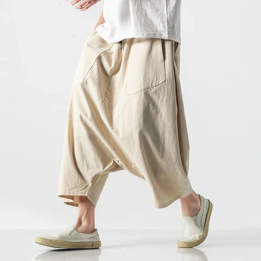 Men’s Loose Fit Harem Pants – Cotton Linen Wide Leg Trousers