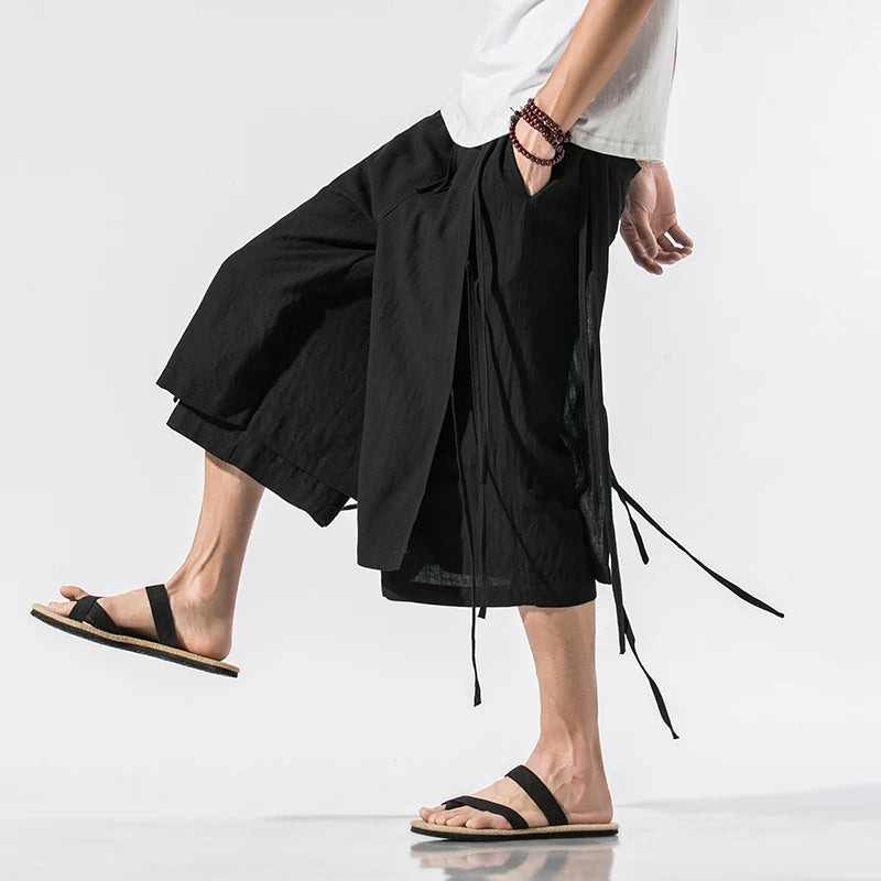 Chinese Style Ribbon Harem Pants – Summer Cotton-Linen - Harem Pants Men