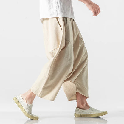 Men’s Loose Fit Harem Pants – Cotton Linen Wide Leg Trousers - Harem Pants Men