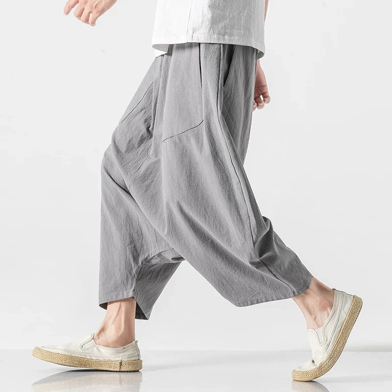 Men’s Loose Fit Harem Pants – Cotton Linen Wide Leg Trousers - Harem Pants Men